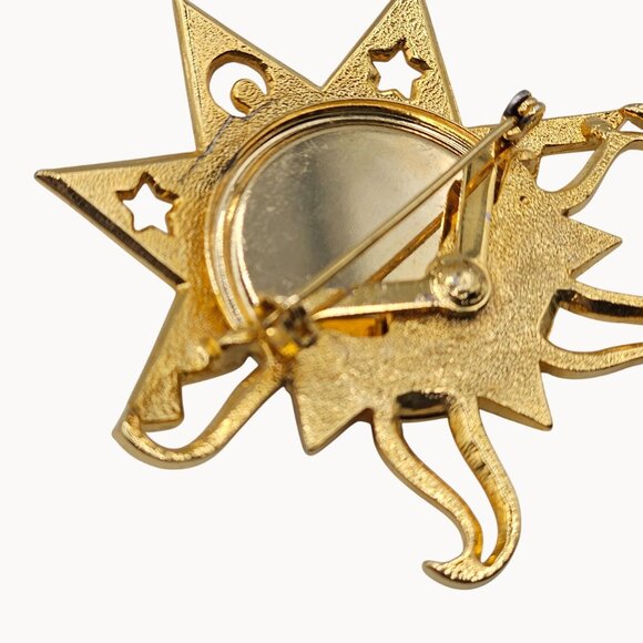 Gold-Toned Unique Sun/Moon Shiny Figural Statement Fashion Jewelry Brooch - Picture 9 of 9